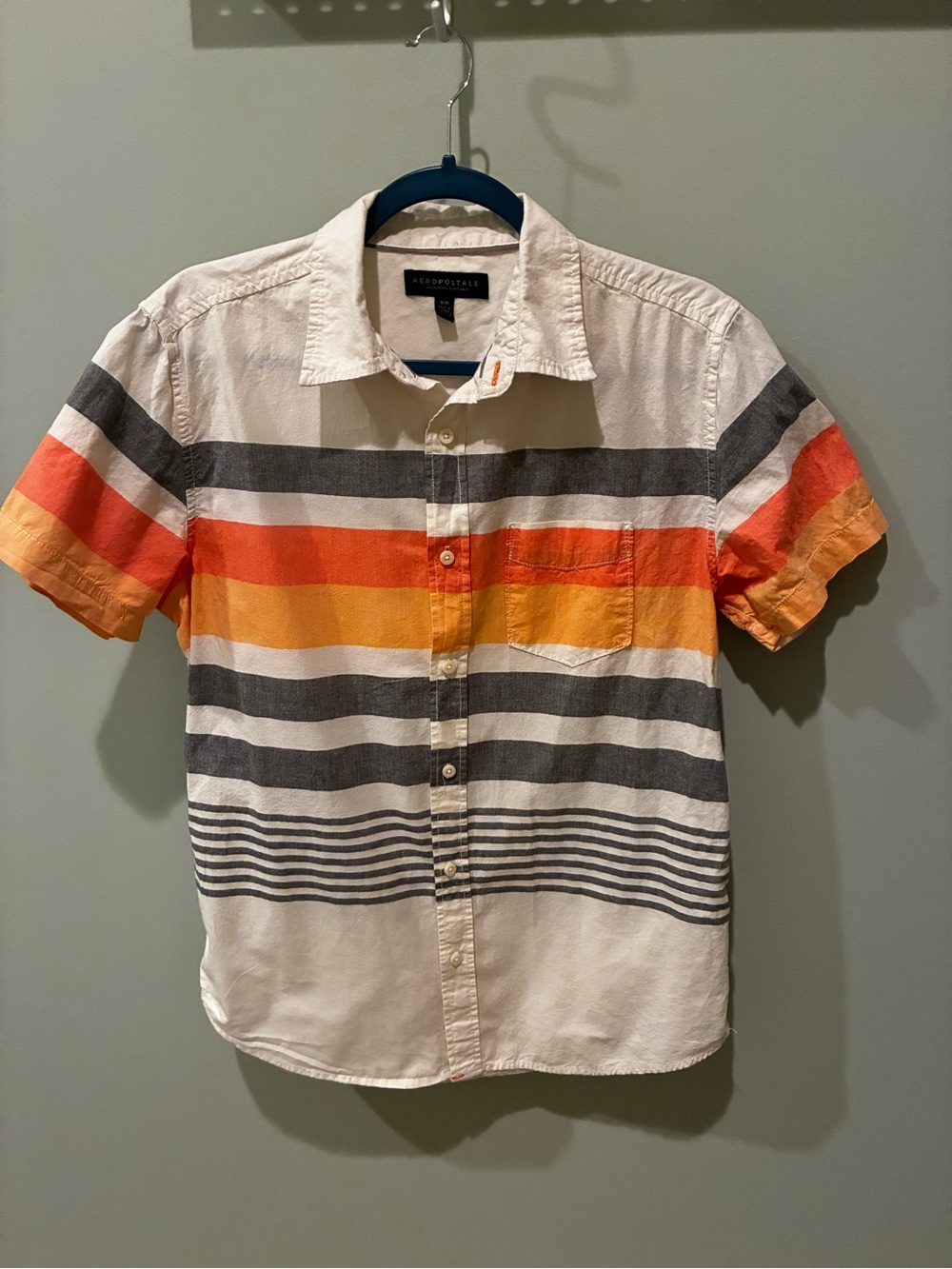 Aeropostale Men’s Short-Sleeve Button-Up Shirt - Orange, Yellow, Gray, White